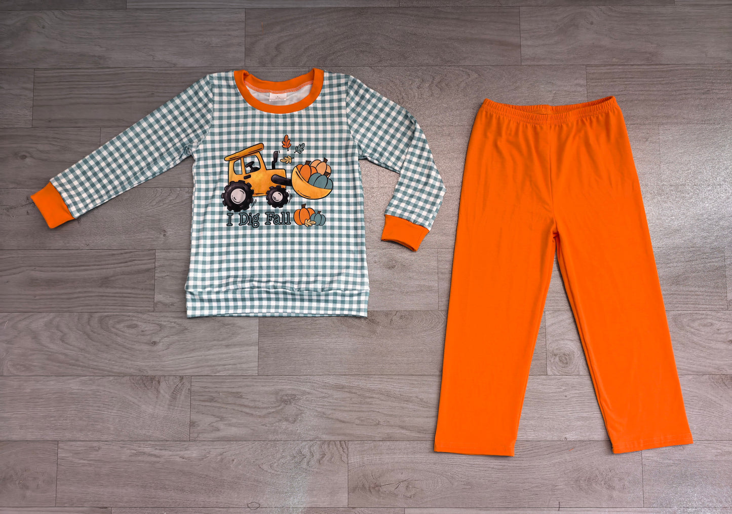 Pre order i dig fall tractor print boy outfit