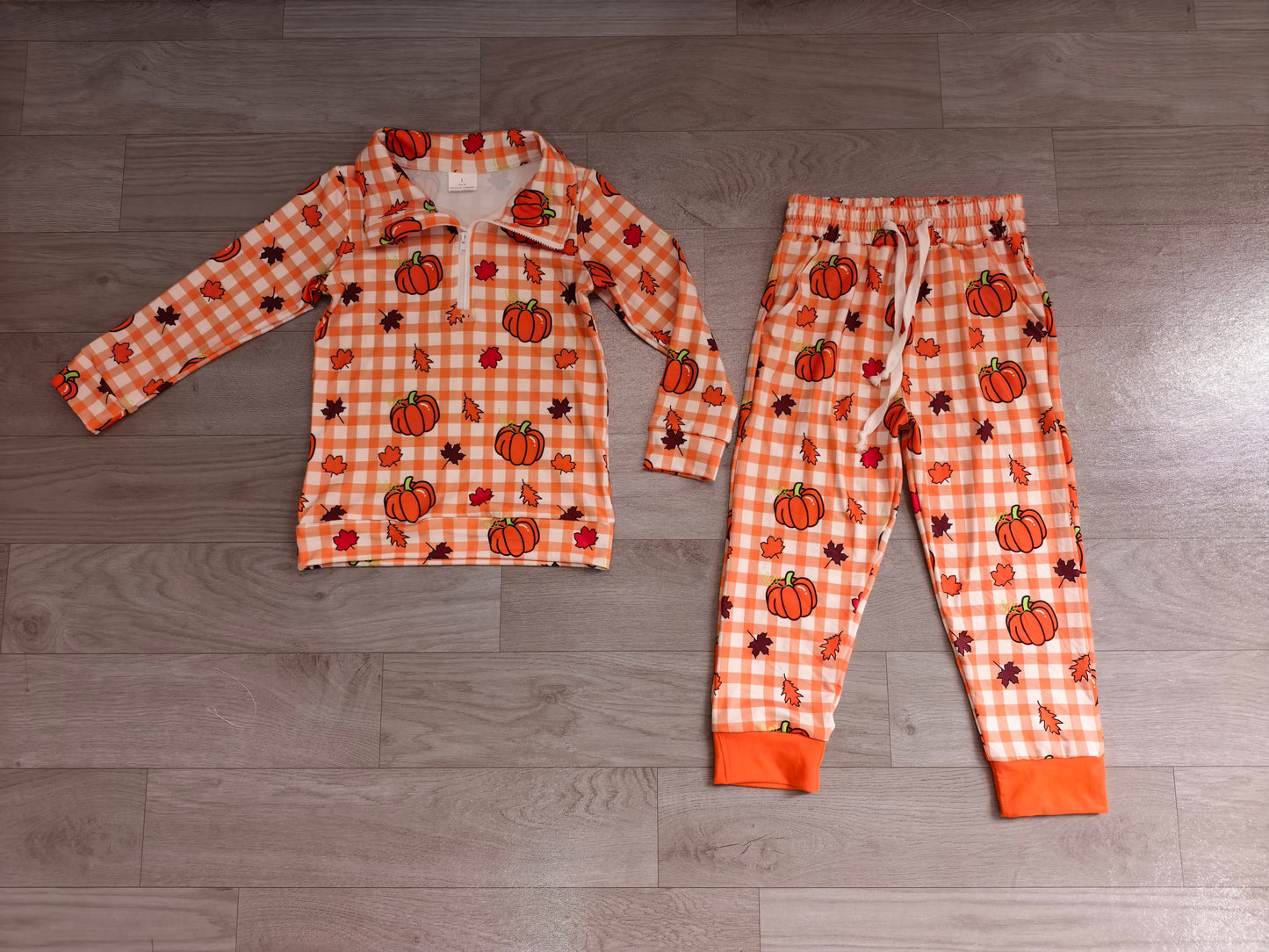 Pre order  orange plaid fall leaf pumpkin sibling clothing