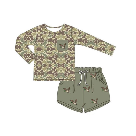 presale BLS0002 Baby Boys Long Sleeves Green Camo Top Ducks Pocket Short Set D 6.11