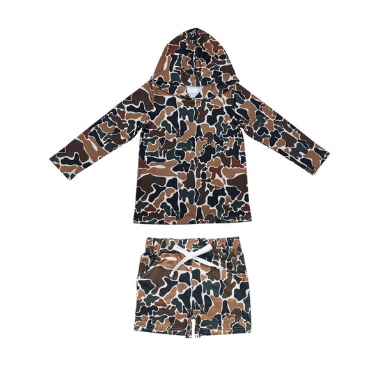 BLS0004 Baby Boys Dark Brown Camo Long Sleeves Hoodie Shorts Team Clothes Sets  D 905