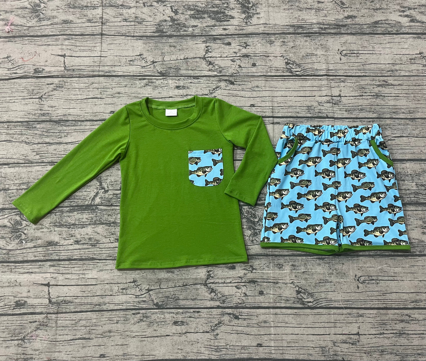 BLS0010  Baby Boys Green Long Sleeve Top Pockets Fishes Shorts Hunting Clothes Sets  D 1001