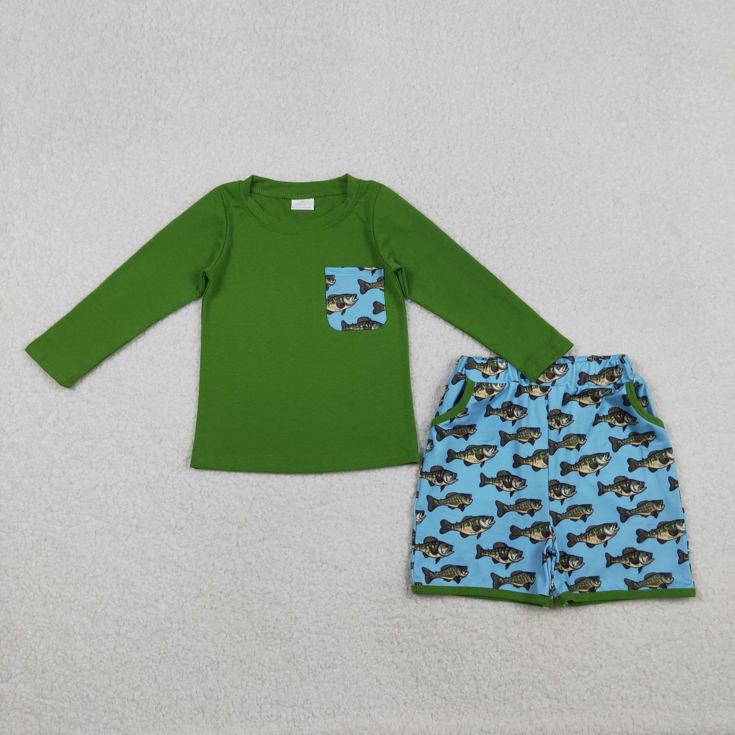 BLS0010  Baby Boys Green Long Sleeve Top Pockets Fishes Shorts Hunting Clothes Sets  D 1001