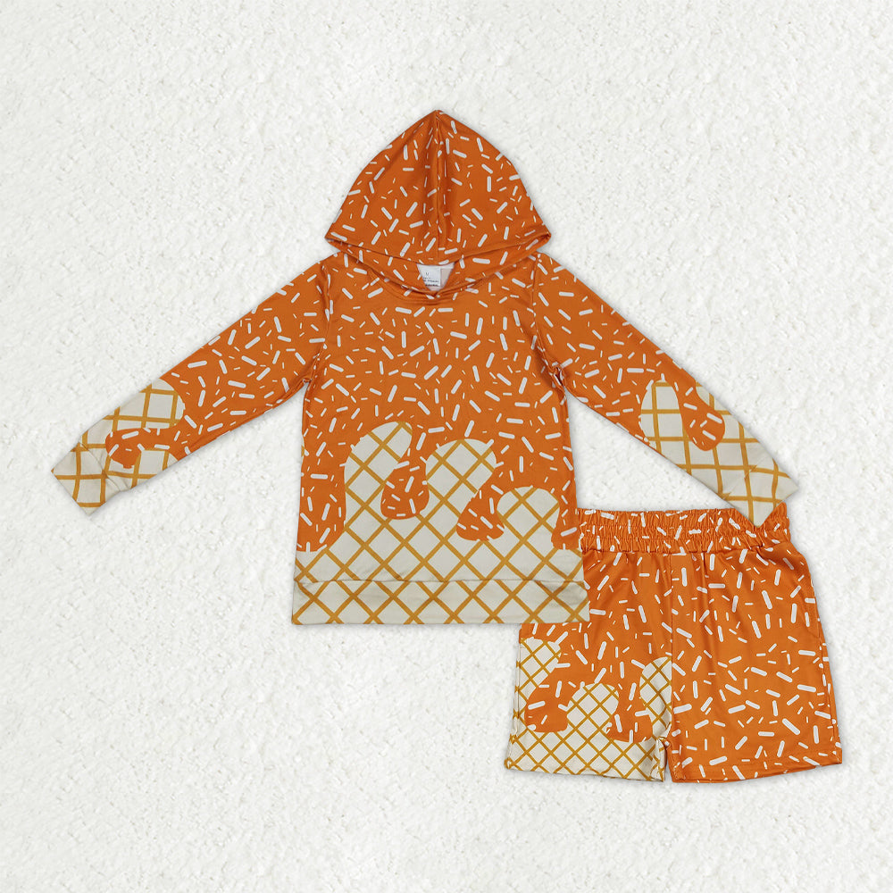 BLS0013  Baby Boys Orange Sprinkles Drip Hoodie Top Shorts Team Clothes Sets