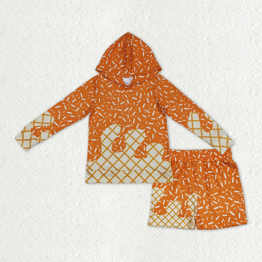 BLS0013  Baby Boys Orange Sprinkles Drip Hoodie Top Shorts Team Clothes Sets