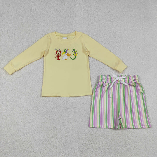 Baby Boys Embroidered Crayfish & Crocodile Mardi Gras Stripe Shorts Set with Pockets Cute Themed Outfit for Little Ones