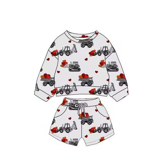 presale BLS0017 Baby Boys Tractors Hearts Long Sleeve Top Pockets Shorts Valentine Clothes Sets D 1115