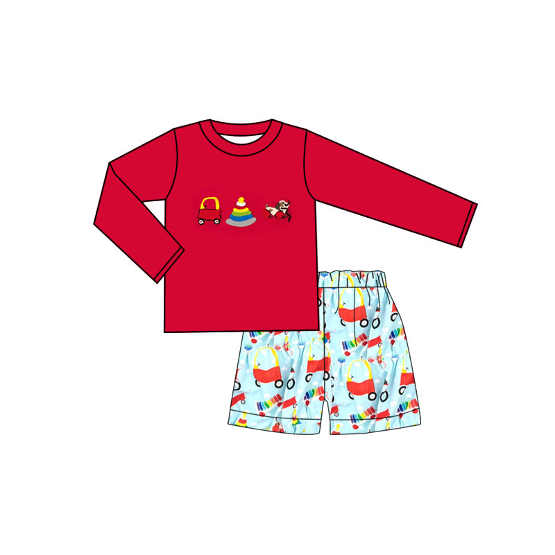 presale BLS0022 Baby Boys Red Long Sleeve Dogs Trucks Top Shorts Clothes Sets  D 1122