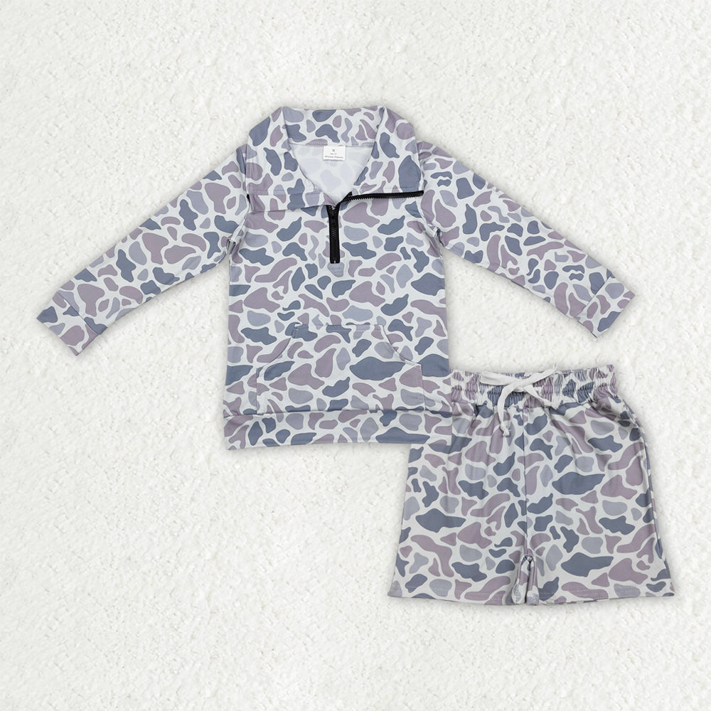 Baby Boys Southern Light Grey Camouflage Top Shorts Set with Zipper Pockets for Hunting Clothes