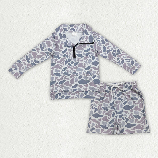 Baby Boys Southern Light Grey Camouflage Top Shorts Set with Zipper Pockets for Hunting Clothes