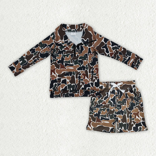 Baby Boys Southern Dark Brown Camouflage Top Shorts Set with Zipper Pockets for Hunting Clothes