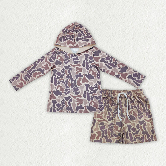 long sleeve camo hoodie top shorts outfit