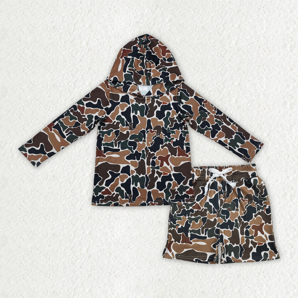 long sleeve camo hoodie top shorts outfit