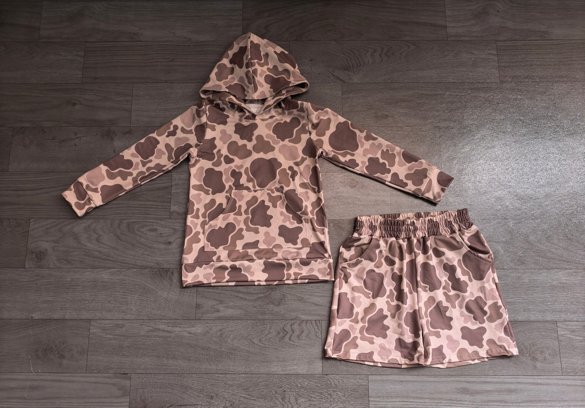 Pre order camo long sleeve hoodie shorts set