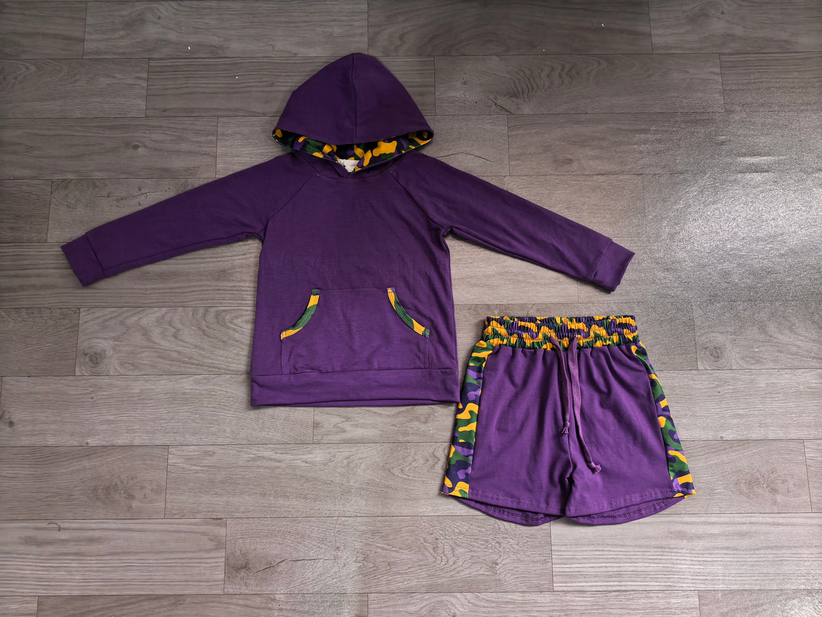 Pre order purple green yellow camo trim long sleeve hoodie shorts set