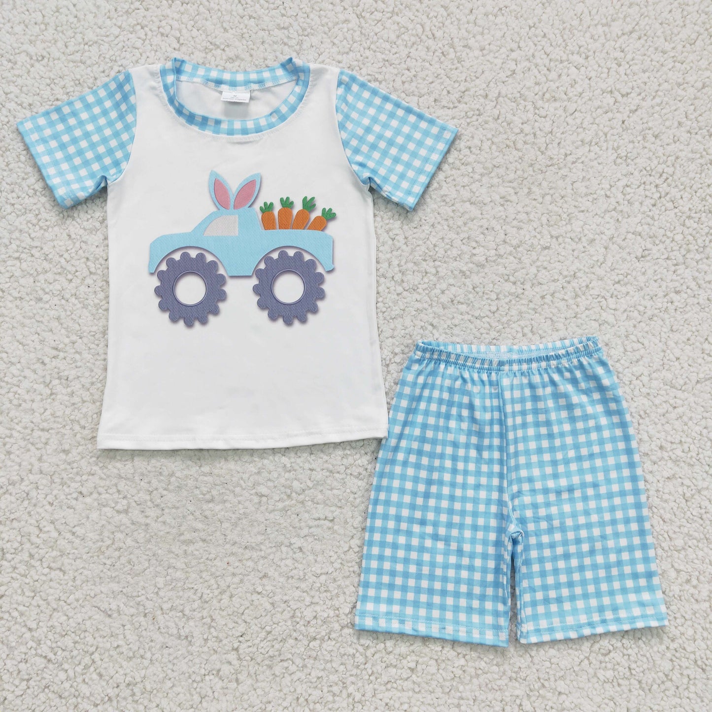 BSSO0091 easter boy's outfit blue plaid carrot truck print