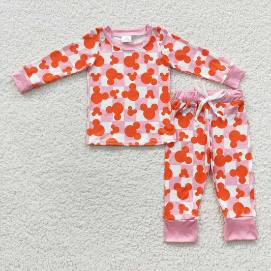 GLP0438 Cartoon Mickey Print Pink and White Plaid Long-sleeved Trousers Set