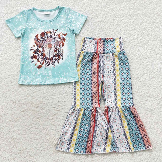 GSPO0776 Alpine cow head aztec blue short-sleeved geometric pattern trousers suit