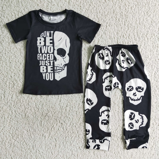 BSPO0016 Boys' black skull short-sleeved trouser suit