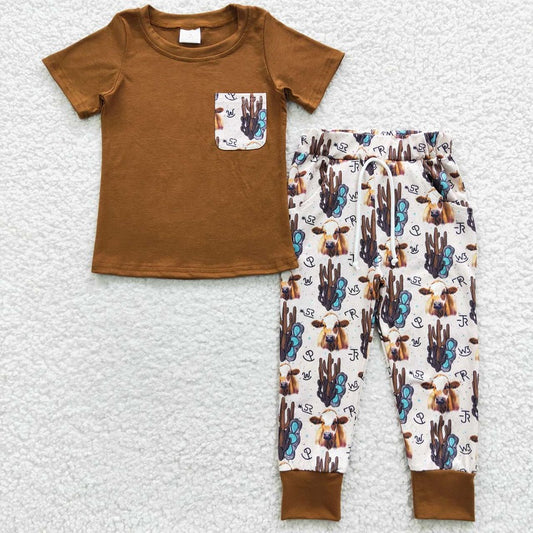 BSPO0107 Boys Cactus Bull Head Brown Pocket Short Sleeve Pant Set