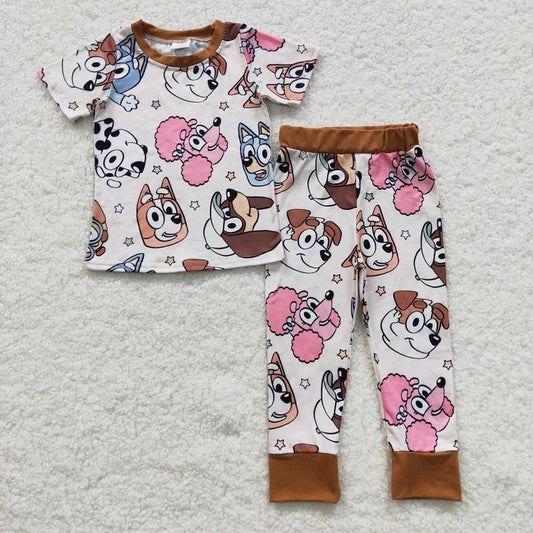 BSPO0120 Cartoon Dog Beige Short Sleeve Trousers Set