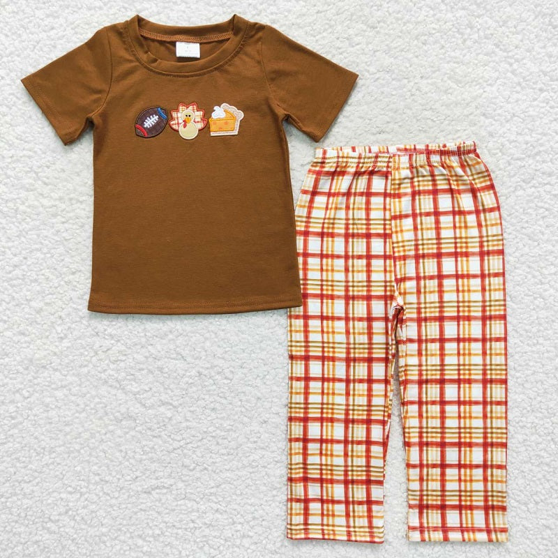 BSPO0143 Rugby Embroidered Turkey Plaid Red Short Sleeve Trouser Set