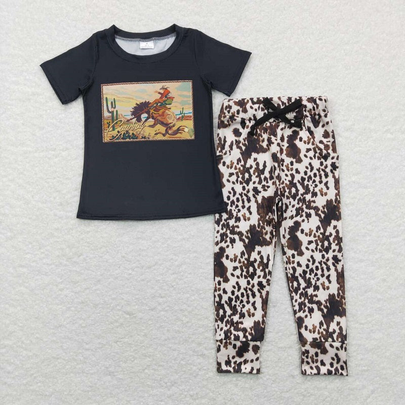 BSPO0149 Black short-sleeved ink pattern trousers suit