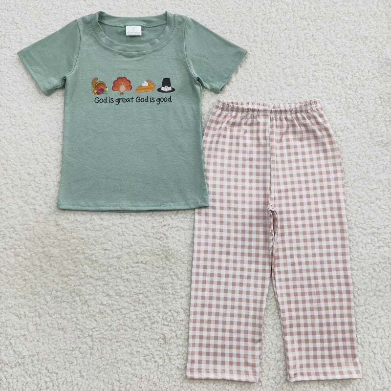 BSPO0163 Offset Turkey Green Short Sleeve Plaid Pants Suit