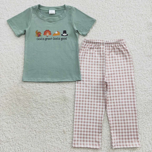 BSPO0163 Offset Turkey Green Short Sleeve Plaid Pants Suit