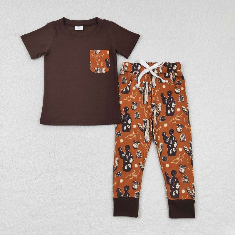BSPO0165 Alpine Cactus Pocket Short Sleeve Red Brown Pants Suit