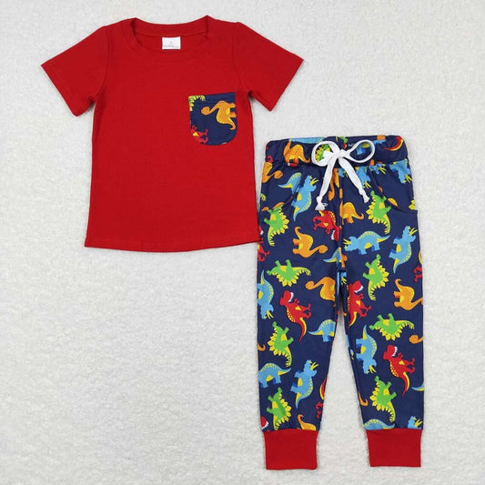 BSPO0173 Dinosaur pocket blue and red short-sleeved trousers suit