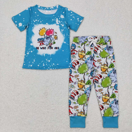 BSPO0175 Cartoon Elephant Blue Short Sleeve Pants Suit