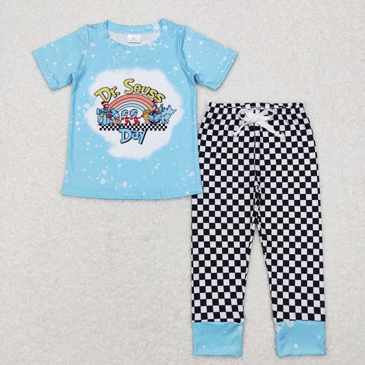 BSPO0177 Rainbow blue short sleeve black and white plaid trousers suit