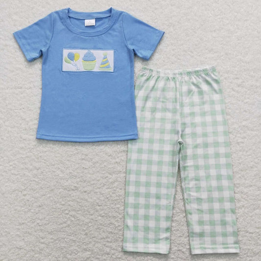 BSPO0190 Embroidered Balloon Cake Birthday Hat Blue Short Sleeve Green and White Plaid Pants Suit