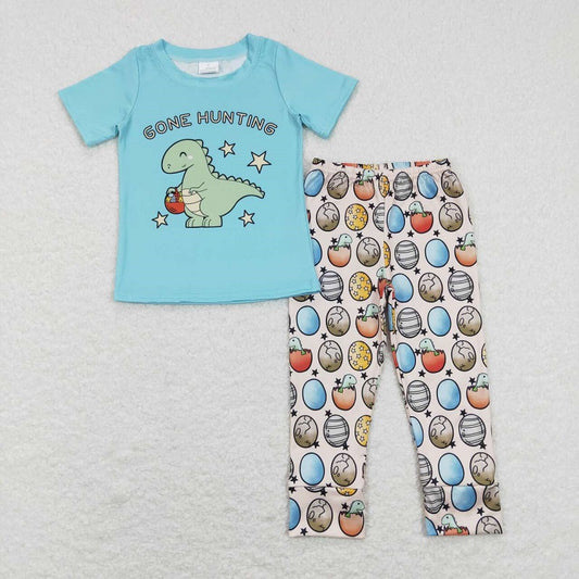 BSPO0202 Alphabet Dinosaur Blue Short Sleeve Star Easter Egg Pants Suit