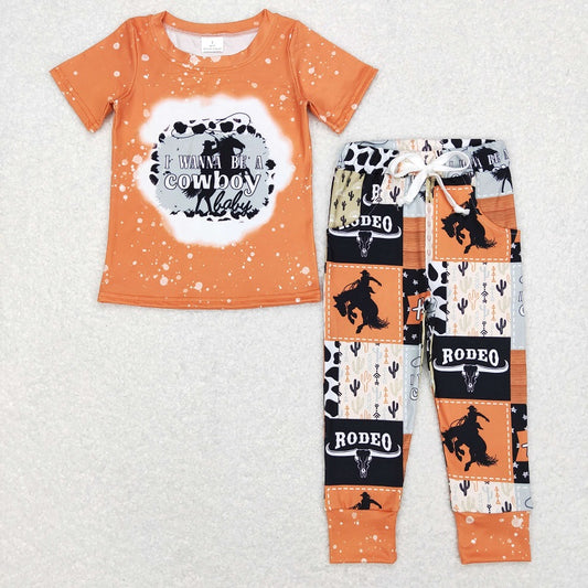 BSPO0209 cowboy letter orange short-sleeved cow head riding plaid trousers suit