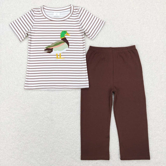 BSPO0214 Embroidered Duck Stripe Short Sleeve Brown Pants Suit