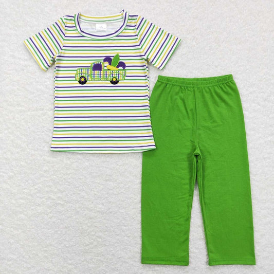 BSPO0215 Carnival Embroidered Truck Purple Green Yellow Striped Short Sleeve Green Pants Suit