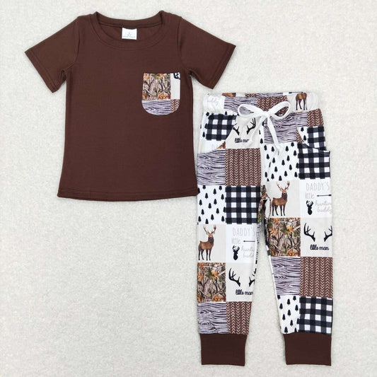BSPO0250 Elk Hunting Plaid Pocket Brown Short Sleeve Pants Suit