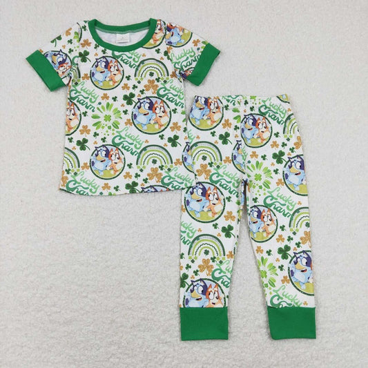 BSPO0251 Cartoon four-leaf clover white and green short-sleeved trousers suit