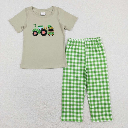 BSPO0276 Embroidered tractor gray green white plaid short -sleeved long -sleeved trousers suit