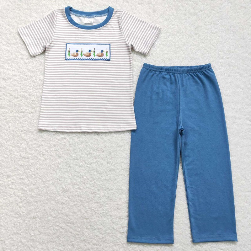 BSPO0305 Embroidered duck stripe short-sleeved blue trousers suit