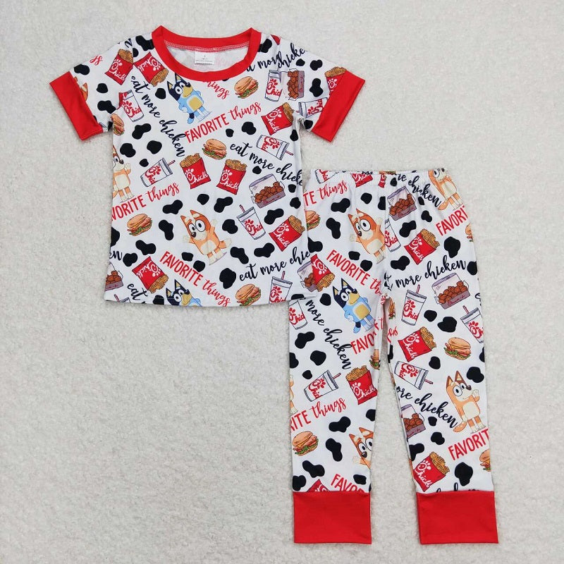 BSPO0346 French fries burger cow pattern red and white short-sleeved pants pajama set