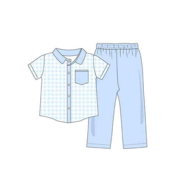 presale BSPO0466  Blue pocket plaid short-sleeved trousers suit