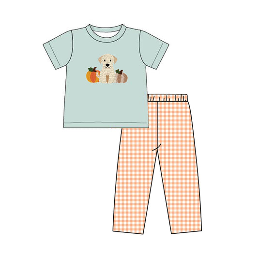 presale BSPO0366 Pumpkin puppy teal short-sleeved orange plaid trousers suit