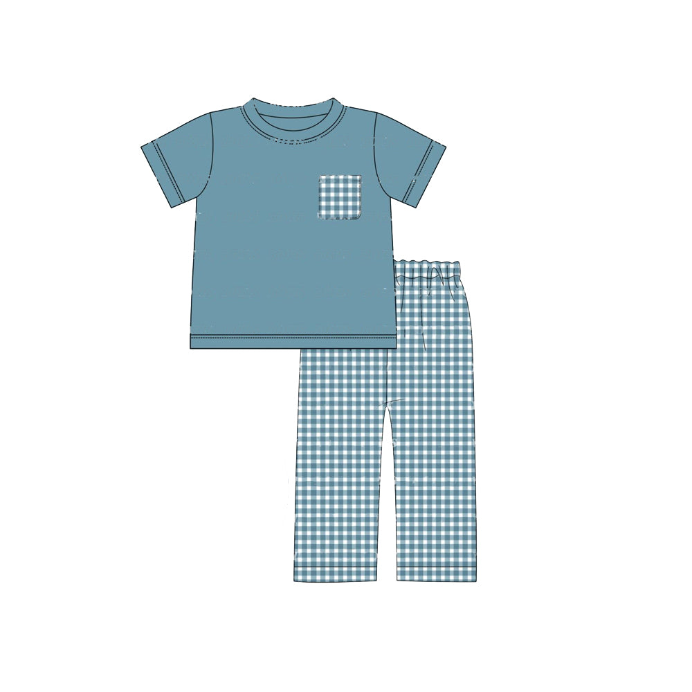 presale BSPO0367 Blue plaid pocket short-sleeved trousers suit