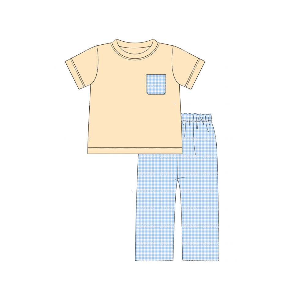 presale BSPO0368 Blue plaid pocket beige short-sleeved trousers suit