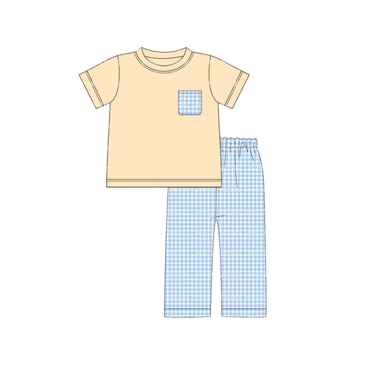 presale BSPO0368 Blue plaid pocket beige short-sleeved trousers suit