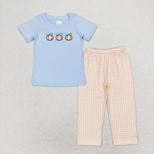 BSPO0371 Pumpkin Blue Short Sleeve Orange Plaid Pants Suit