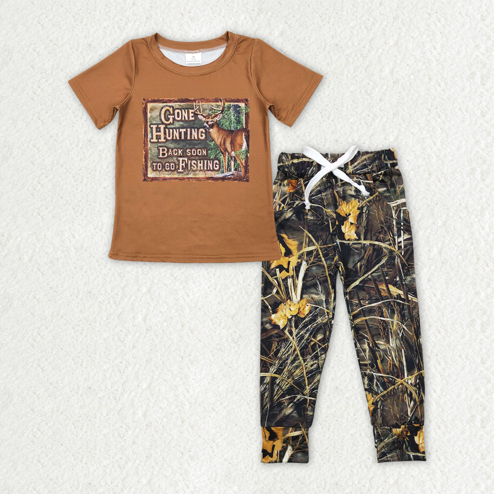 BT0424+P0434 gone hunting letter elk brown short sleeve camouflage branches and leaves trousers suit
