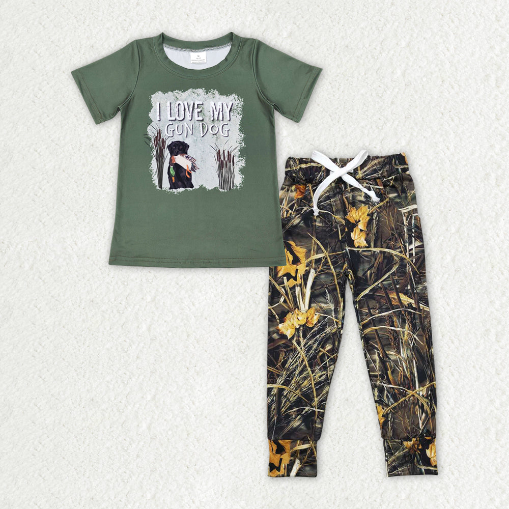 BT0413 +P0434 Puppy Green Short Sleeve Camouflage Branches and Leaves Pants Suit